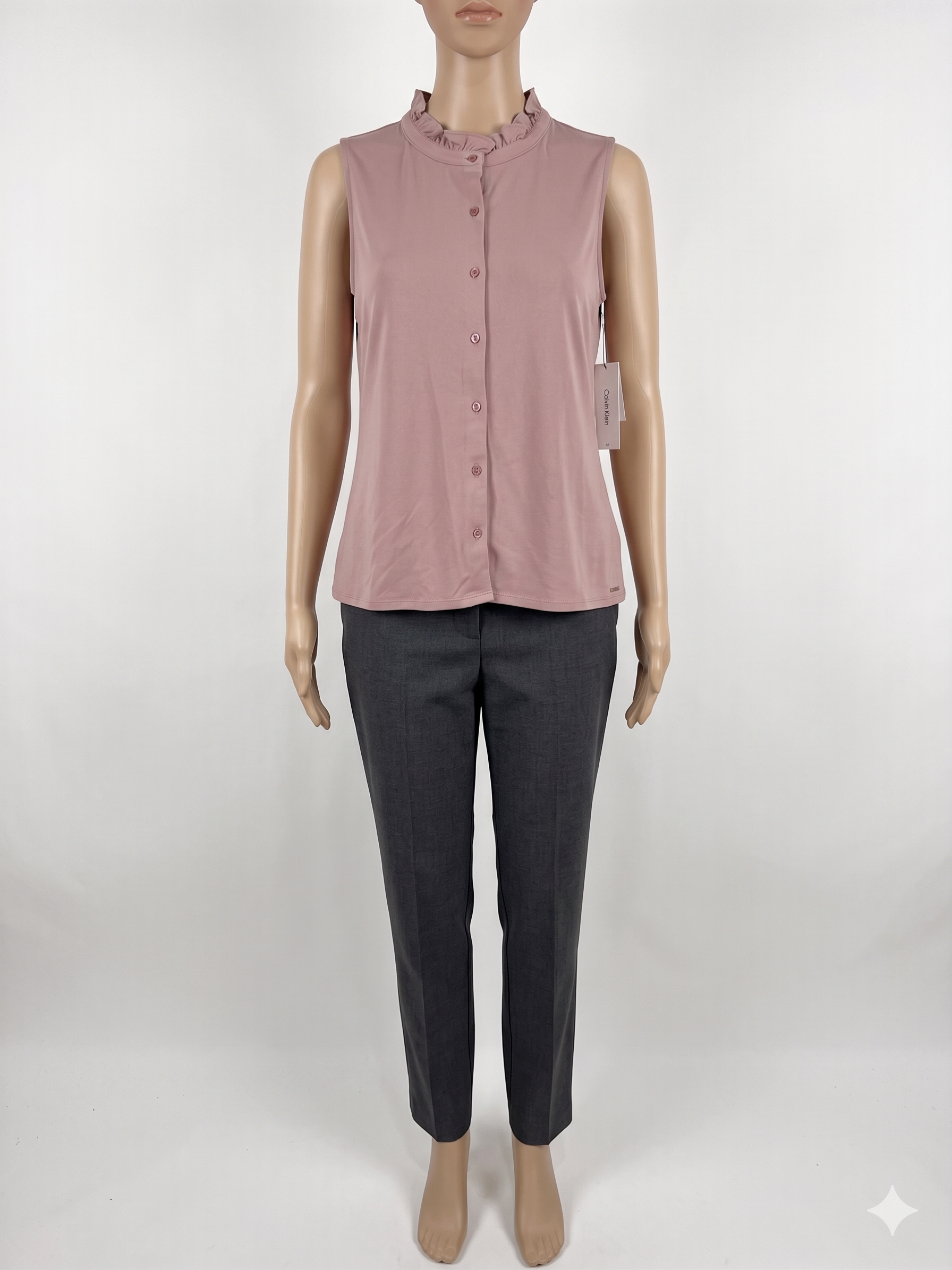 Blusa Calvin Klein Ruffle Neck Sleeveless – Elegancia Ejecutiva & Detalles Femeninos Chic
